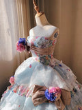 Dreamy light blue tube top 3D flower handmade beaded sequined trailing wedding dress HZ1022