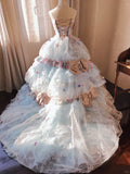 Dreamy light blue tube top 3D flower handmade beaded sequined trailing wedding dress HZ1022