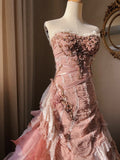 Beautiful Pink Rose Slim Skirt Pleated French Lace Mermaid Wedding Dress HZ1022