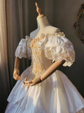 Princess White Satin Drop Shoulder Beaded Petal Skirt Floor-Length Wedding Dress HZ1022