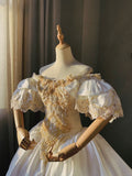 Princess White Satin Drop Shoulder Beaded Petal Skirt Floor-Length Wedding Dress HZ1022