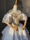 Princess White Satin Drop Shoulder Beaded Petal Skirt Floor-Length Wedding Dress HZ1022