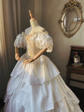 Princess White Satin Drop Shoulder Beaded Petal Skirt Floor-Length Wedding Dress HZ1022