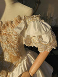 Princess White Satin Drop Shoulder Beaded Petal Skirt Floor-Length Wedding Dress HZ1022