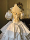 Princess White Satin Drop Shoulder Beaded Petal Skirt Floor-Length Wedding Dress HZ1022
