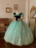 Fresh aqua velvet with one-shoulder tulle braided lace puffy skirt wedding dress HZ1022