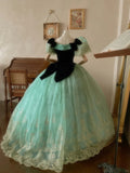 Fresh aqua velvet with one-shoulder tulle braided lace puffy skirt wedding dress HZ1022