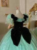 Fresh aqua velvet with one-shoulder tulle braided lace puffy skirt wedding dress HZ1022