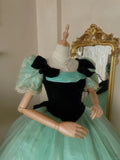 Fresh aqua velvet with one-shoulder tulle braided lace puffy skirt wedding dress HZ1022