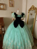 Fresh aqua velvet with one-shoulder tulle braided lace puffy skirt wedding dress HZ1022