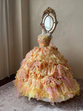 Shining heavy flower layer cake golden pattern lace three-dimensional flower wood ear tulle wedding dress HZ1022