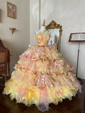 Shining heavy flower layer cake golden pattern lace three-dimensional flower wood ear tulle wedding dress HZ1022