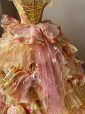 Shining heavy flower layer cake golden pattern lace three-dimensional flower wood ear tulle wedding dress HZ1022