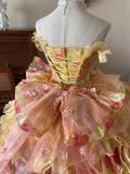 Shining heavy flower layer cake golden pattern lace three-dimensional flower wood ear tulle wedding dress HZ1022