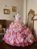 Pink Tulle Strapless Wedding Dress with Flowers and Flowers Fantasy Fluffy Princess Floor-length Wedding Dress HZ1022