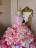 Pink Tulle Strapless Wedding Dress with Flowers and Flowers Fantasy Fluffy Princess Floor-length Wedding Dress HZ1022