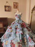 Glacier Blue Rose Print Lightweight Flowing Tulle Strapless Floor-Length Wedding Dress HZ1022