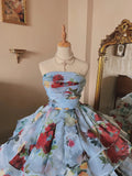Glacier Blue Rose Print Lightweight Flowing Tulle Strapless Floor-Length Wedding Dress HZ1022
