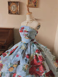 Glacier Blue Rose Print Lightweight Flowing Tulle Strapless Floor-Length Wedding Dress HZ1022