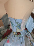 Glacier Blue Rose Print Lightweight Flowing Tulle Strapless Floor-Length Wedding Dress HZ1022