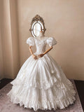 French Retro V-neck Beaded Puff Sleeve Satin Princess Wedding Dress HZ1022
