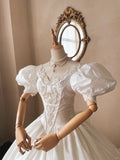 French Retro V-neck Beaded Puff Sleeve Satin Princess Wedding Dress HZ1022