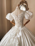 French Retro V-neck Beaded Puff Sleeve Satin Princess Wedding Dress HZ1022