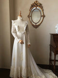 Retro high collar long sleeve lace patchwork gentle trailing wedding dress HZ1022