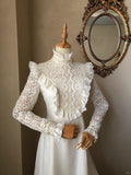 Retro high collar long sleeve lace patchwork gentle trailing wedding dress HZ1022