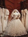 Vintage leg of mutton sleeve rose flower hand-embroidered lace heavy beaded floor-length wedding dress HZ1022