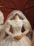 Vintage leg of mutton sleeve rose flower hand-embroidered lace heavy beaded floor-length wedding dress HZ1022