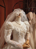 Vintage leg of mutton sleeve rose flower hand-embroidered lace heavy beaded floor-length wedding dress HZ1022