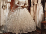 Vintage leg of mutton sleeve rose flower hand-embroidered lace heavy beaded floor-length wedding dress HZ1022