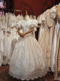 Elegant Embroidered V-Neck Satin Lace Trim Puff Sleeve Princess Wedding Dress HZ1022