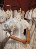 Elegant Embroidered V-Neck Satin Lace Trim Puff Sleeve Princess Wedding Dress HZ1022