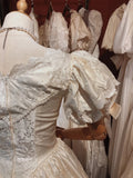 Elegant Embroidered V-Neck Satin Lace Trim Puff Sleeve Princess Wedding Dress HZ1022