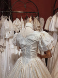 Elegant Embroidered V-Neck Satin Lace Trim Puff Sleeve Princess Wedding Dress HZ1022