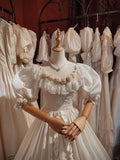 Retro Round Neck Furry 3D Flower Puff Sleeve A-Line Princess Wedding Dress HZ1022