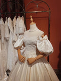 Simple One Shoulder Butterfly Sleeve Satin Lace Hem Wedding Dress HZ1022