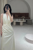 Simple White Satin Halter V-Neck Mermaid Wedding Dress HZ1022