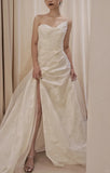 Chic asymmetric bust satin tulle wedding dress with slit skirt HZ1022