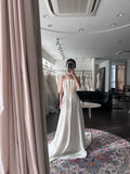 Elegant Bud Piano Key Pleated Pearl Satin Train Wedding Dress HZ1022