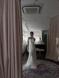 Flowy Off-the-shoulder Long-sleeved Twill Tulle Mermaid Train Lightweight Wedding Dress HZ1022