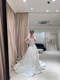 Delicate lace sweetheart neckline herringbone corset with pleated train wedding dress HZ1022