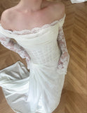 Simple one-shoulder long-sleeved inner lace outer chiffon trailing wedding dress HZ1022