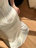 Flowy Strapless Herringbone Bodice Satin Train Wedding Dress HZ1022