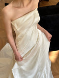 Shiny satin strapless wedding dress with elegant train HZ1022