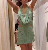Sexy Halter Green Crystal Pendant Backless Mini Birthday Homecoming Dress HZ1022
