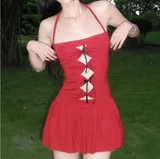 French style pure hollow design red halter neck mini homecoming dress HZ1022