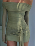 American retro one-shoulder fresh green long-sleeved hip homecoming dress HZ1022